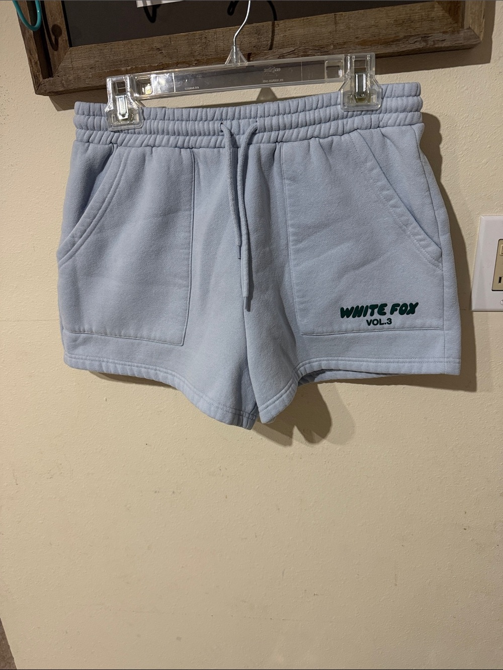 White Fox Boutique Pale Blue Athletic Lounge Shorts Green Logo